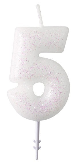 Цвят White, White glitter candle число 5, 6.5 см