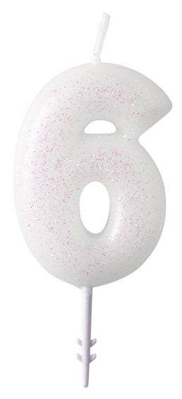 Цвят White, бял glitter candle число 6, 6.5 см
