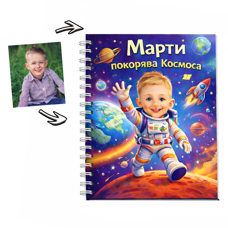 Персонализирана детска книга създадена по снимка и тема космос