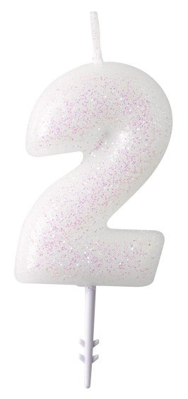 Цвят White, White glitter candle число 2, 6.5 см